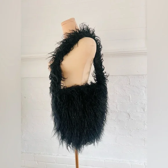 Dolls Kill Widow Faux Fur Bag Black Long Hair Furry Vegan Mongolian Lamb NWOT - Picture 2 of 13